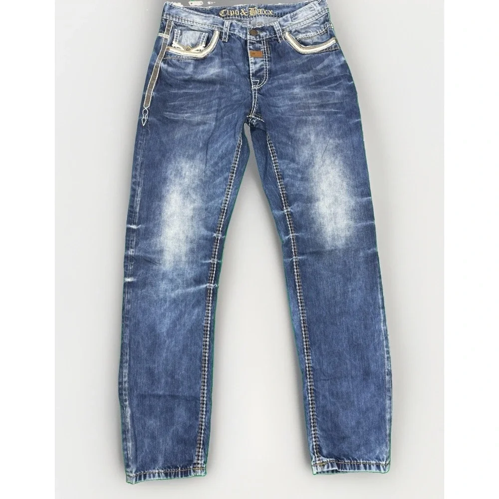 Cipo & Baxx Men's Regular Fit Jeans W32 L34 Blue Distressed Embroidered Turkey